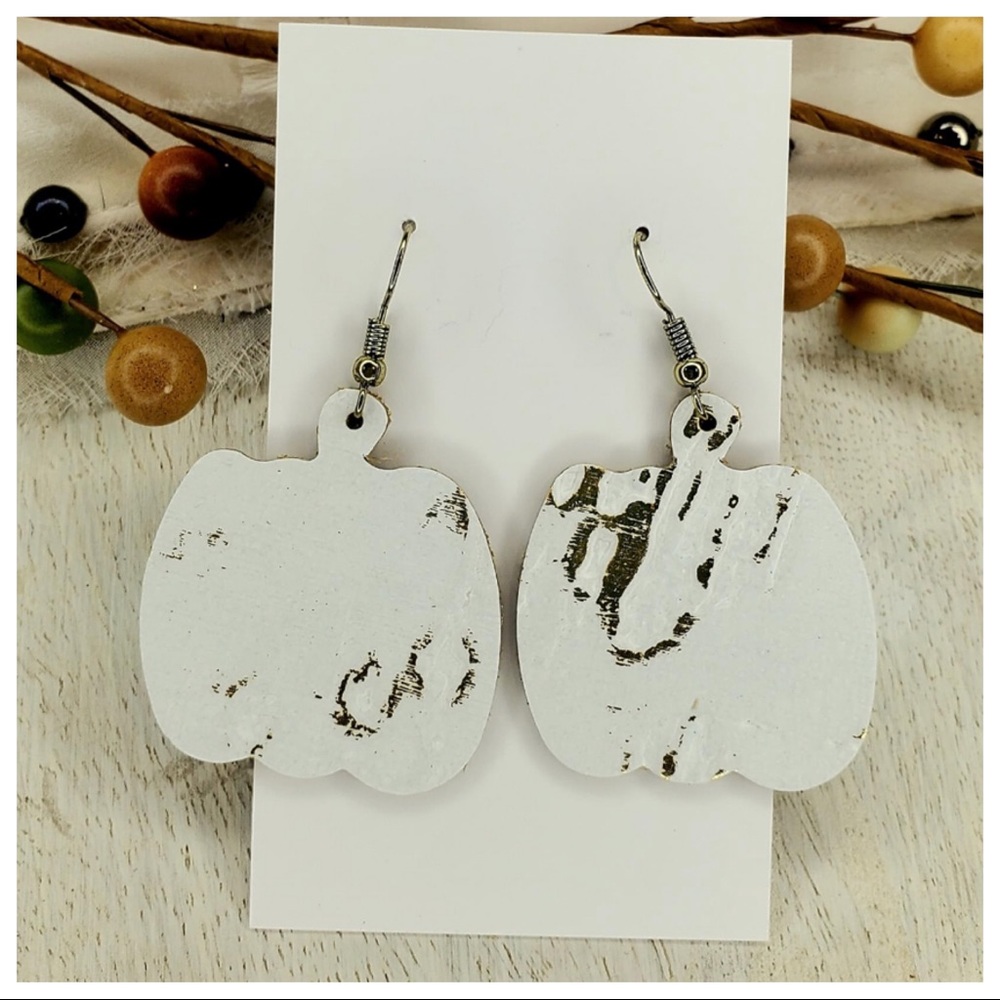 Adorable Handmade White Marble Print Leather Pumpkin Dangle Earrings